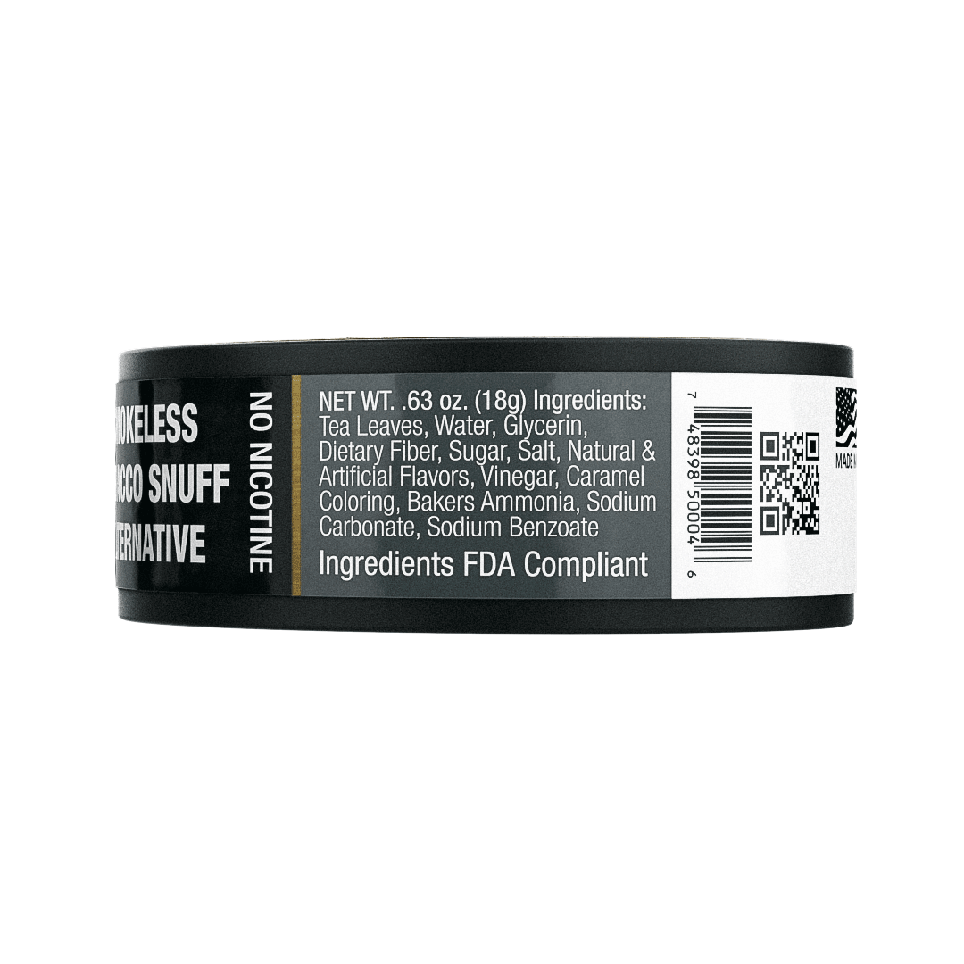 BaccOff Pouches Classic Natural tin side label showing ingredients and net weight 0.63 oz (18g), FDA compliant, no tobacco no nicotine
