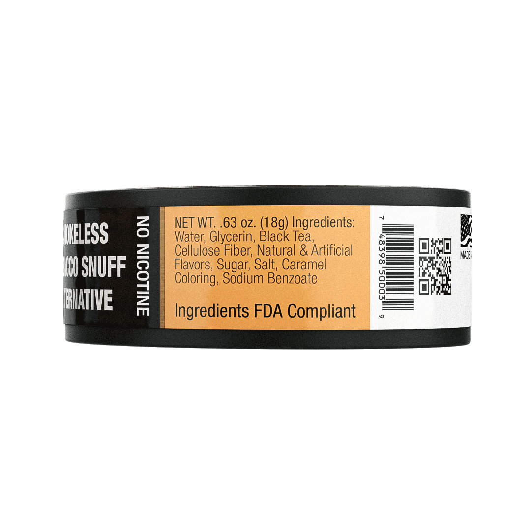 BaccOff smooth peach pouches tin side label showing ingredients and net weight 0.63 oz (18g), FDA compliant, no tobacco no nicotine