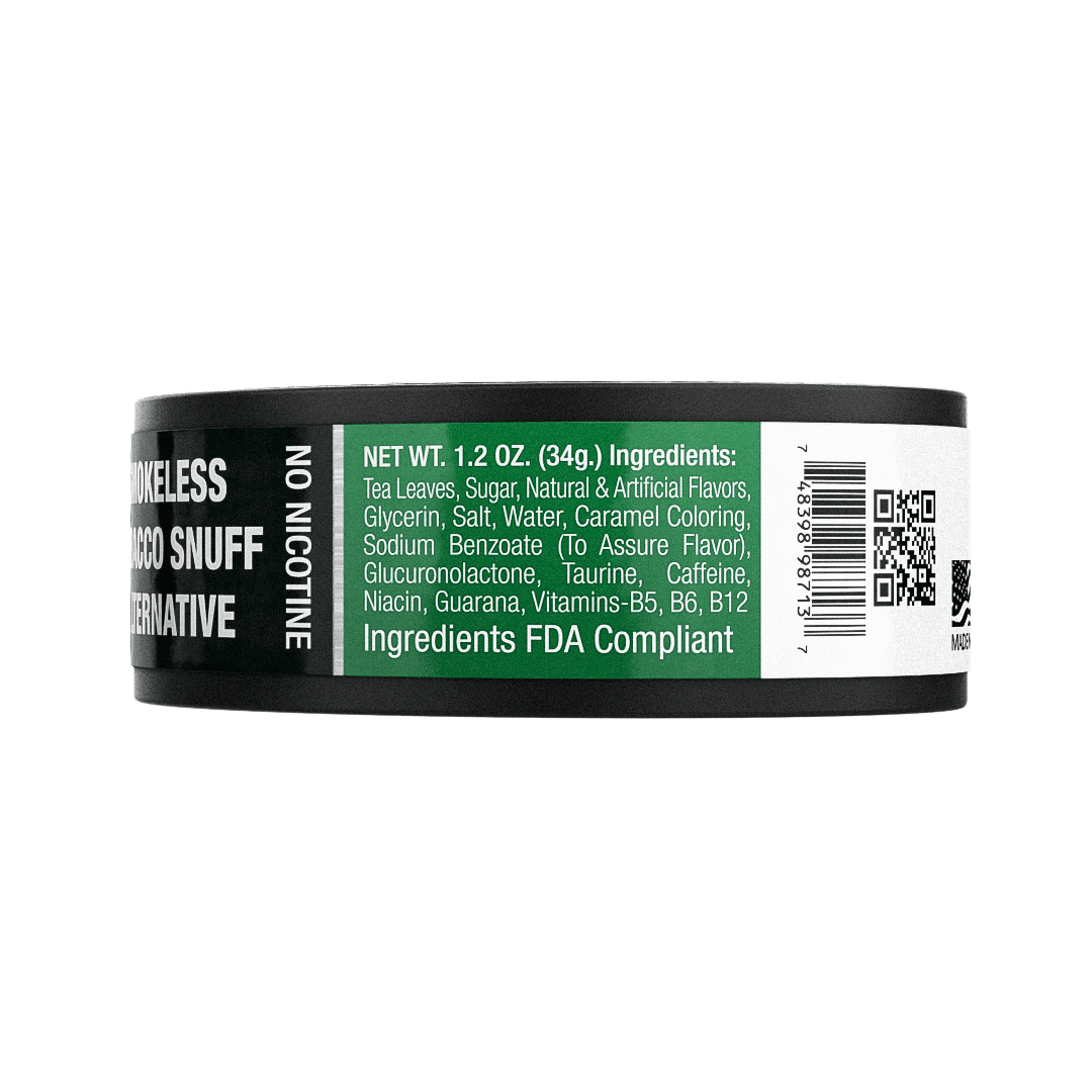 Tobacco snuff container with label Baccoff extra wintergreen energized fine cut 