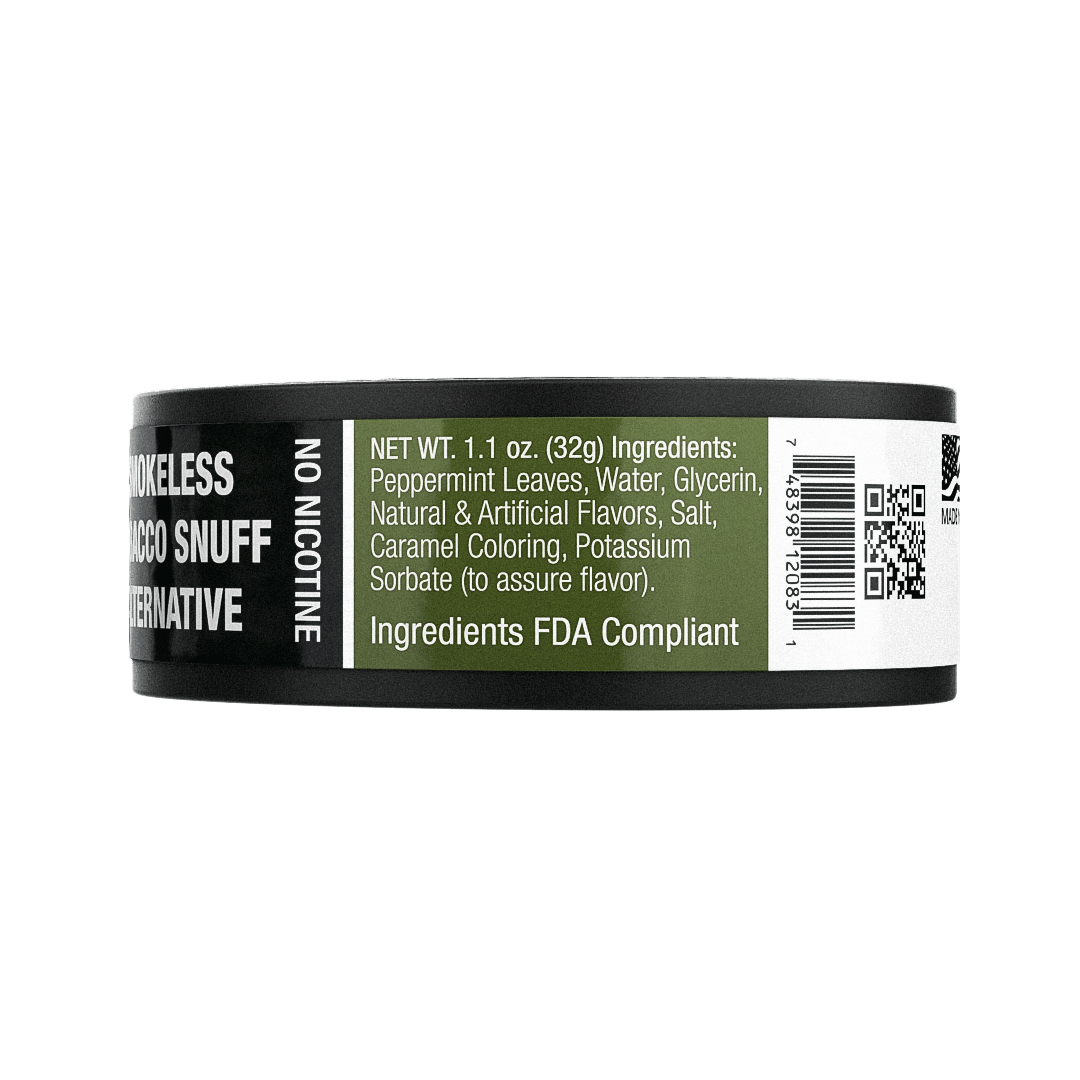 Snuff container with label, moist snuff alternative, no tobacco no nicotine