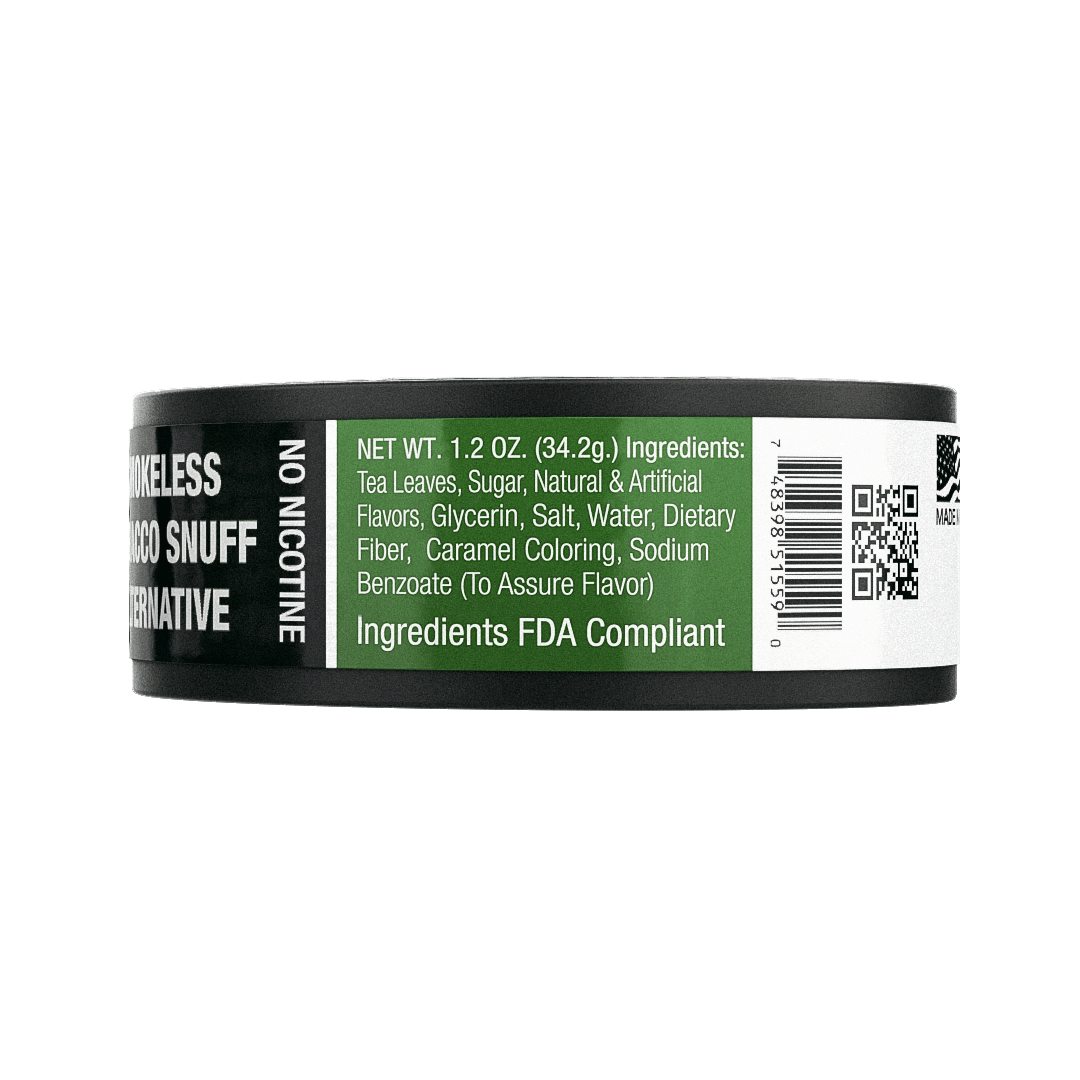 BaccOff Long Cut Classic Straight tin side label showing ingredients and net weight 1.2 oz (34.2g), FDA compliant, no tobacco no nicotine