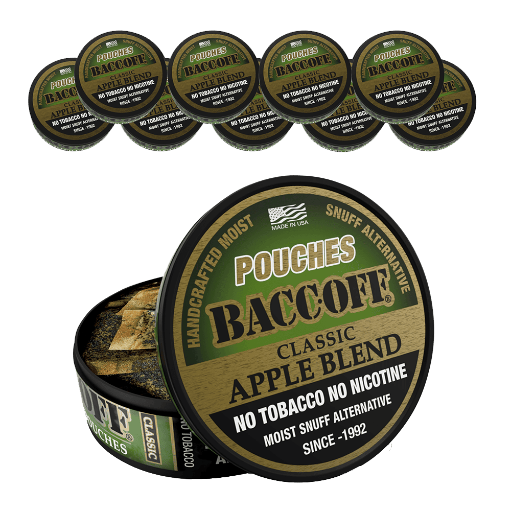 Baccoff pouches packaging with multiple tins displayed above 