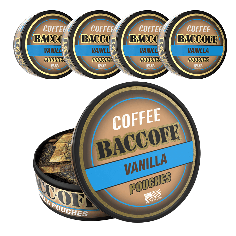 Multiple tins of Baccoff Coffee Vanilla Pouches 