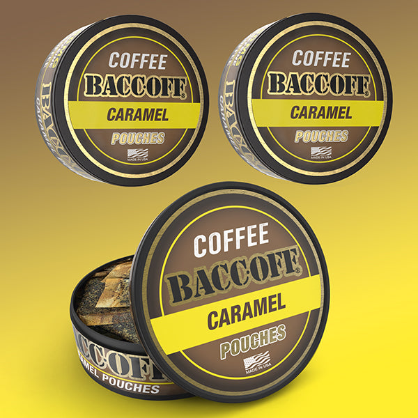 Three containers of Baccoff Coffee Caramel Pouches