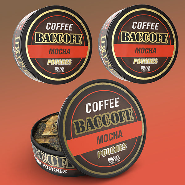Three tins of Baccoff Mocha Coffee Pouches, three cans