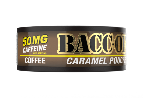 Baccoff Coffee Caramel Pouches packaging with caffeine information