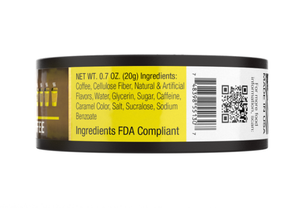 BaccOff tin side label showing ingredients and net weight 0.7 oz (20g), FDA compliant, no tobacco no nicotine
