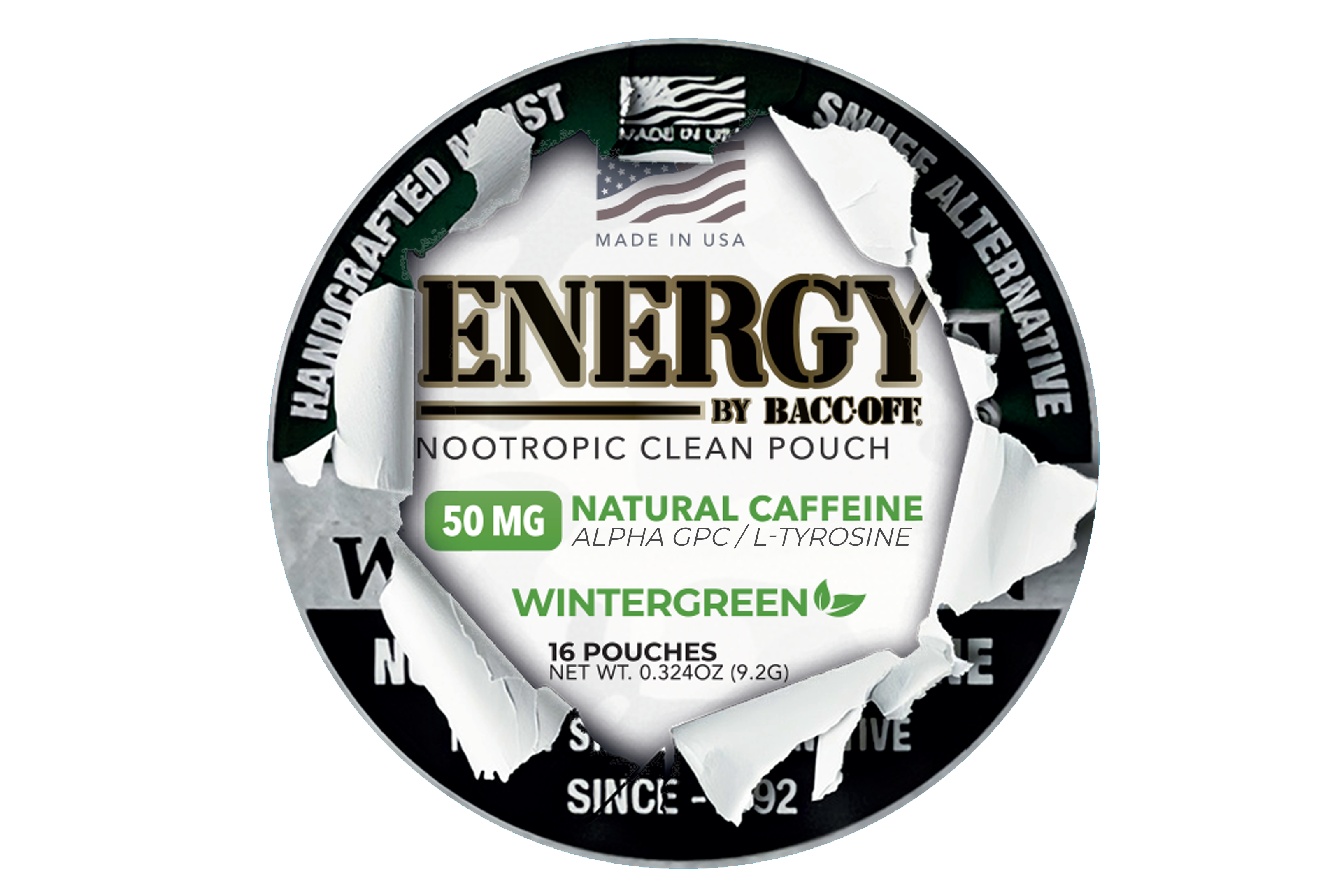 Energy supplement packaging with branding and product details 