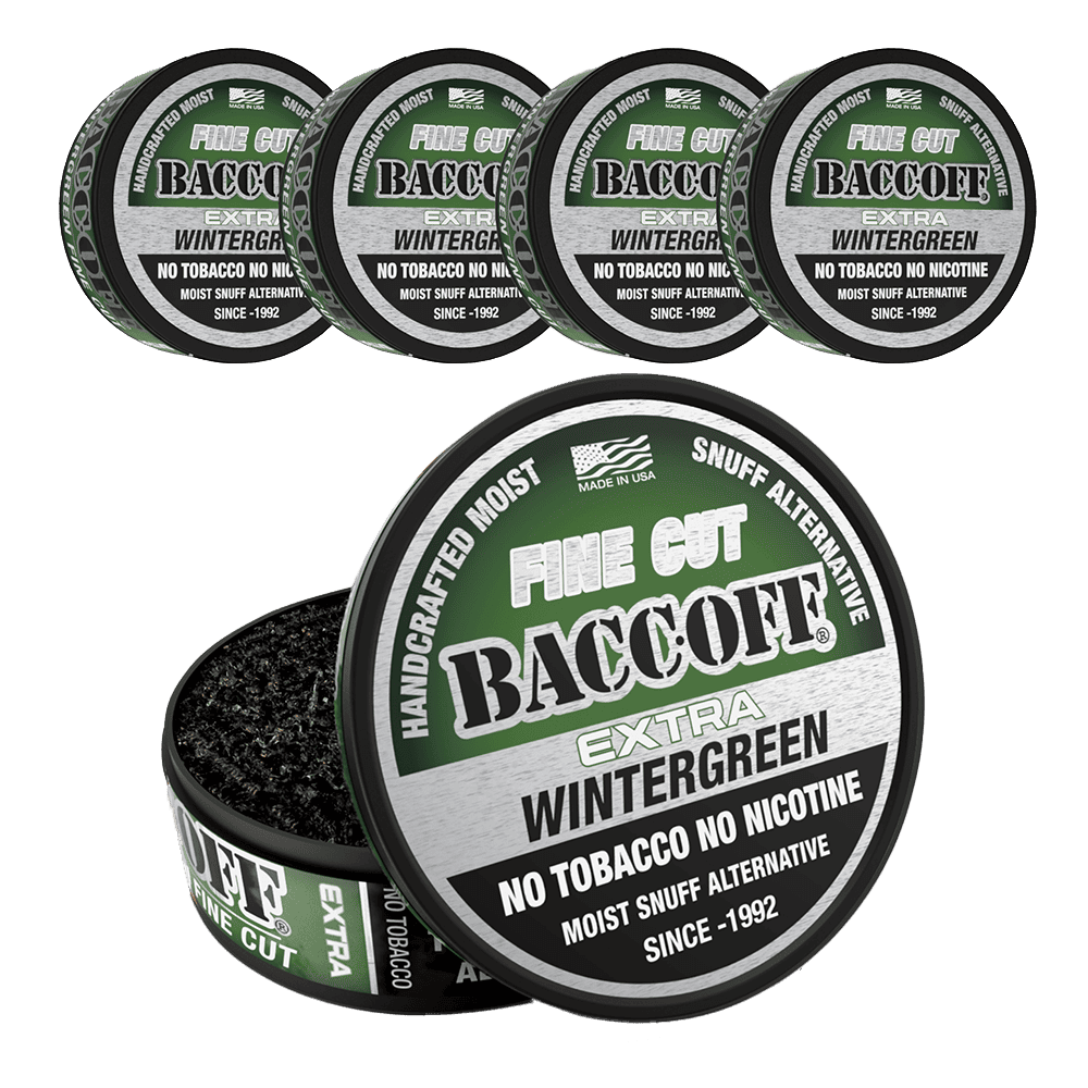 Multiple containers of Baccoff Extra Wintergreen snuff 