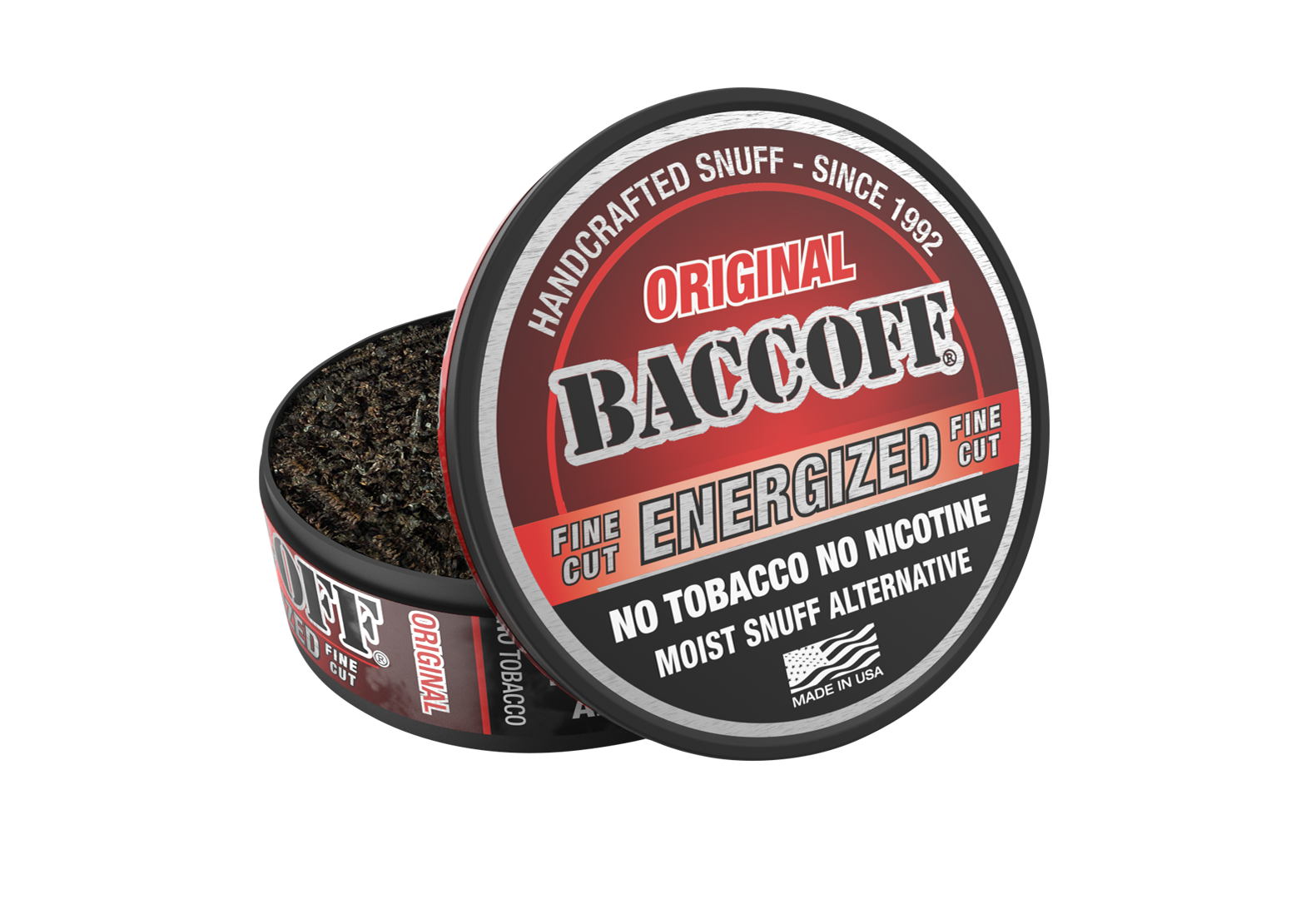 BaccOff Energized Fine Cut Original moist snuff alternative, no tobacco no nicotine, open tin