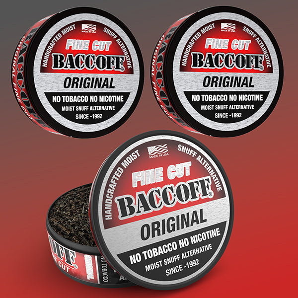 Three containers of Baccoff Fine Cut Original snuff