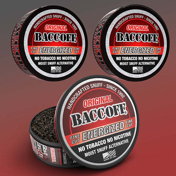 BaccOff Energized Fine Cut Original moist snuff alternative, no tobacco no nicotine, 3-pack tins