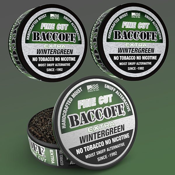 Three containers of BaccOff Extra Wintergreen snuff 