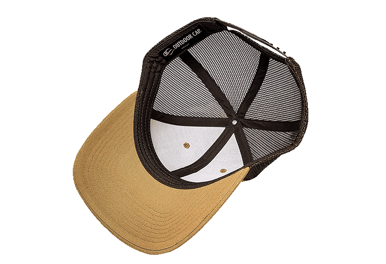 A tan and black Trucker Hat on a white background.