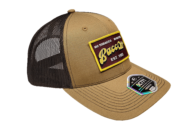 A Trucker Hat with a black patch on it.