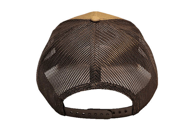 A brown and tan Trucker Hat on a black background.