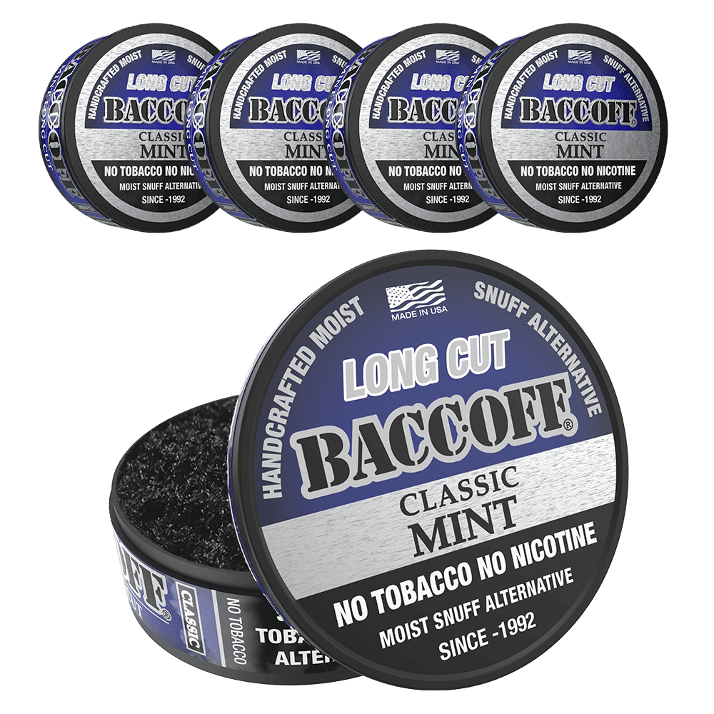 Multiple containers of Baccoff Classic Mint snuff 