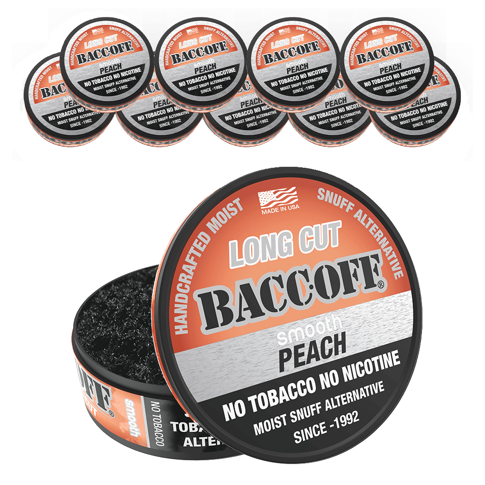 Baccoff peach snuff alternative packaging with multiple tins displayed.