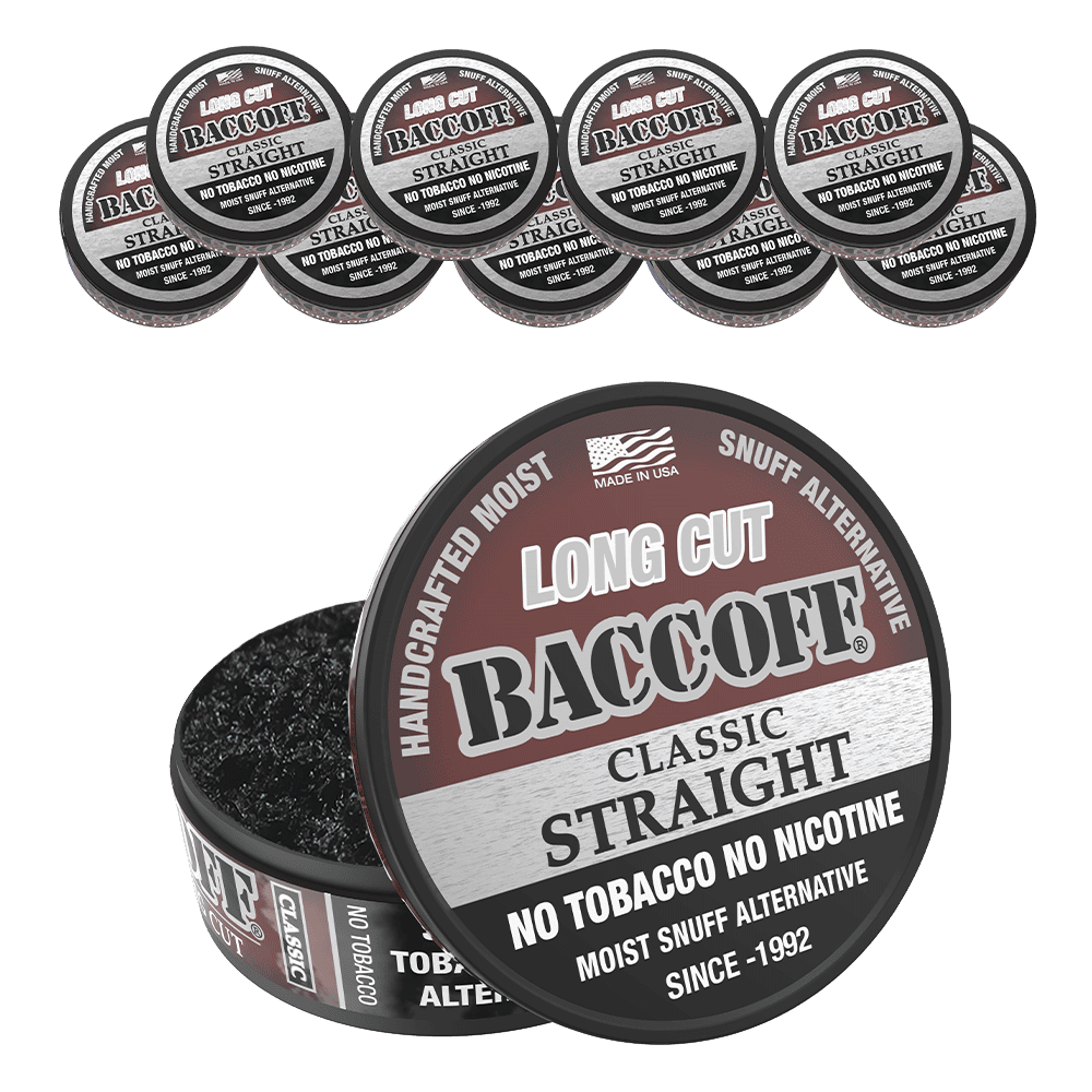 BaccOff Long Cut Classic Straight moist snuff alternative, no tobacco no nicotine, 10-pack tins