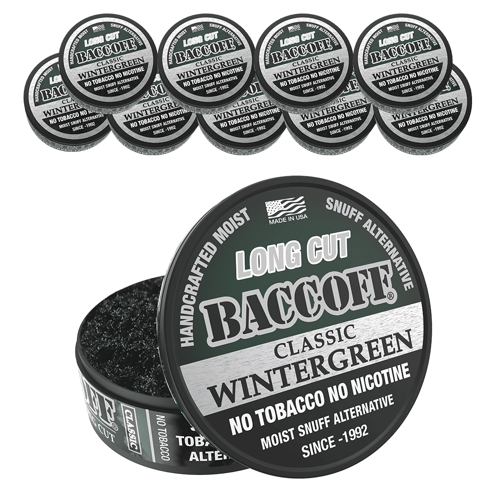 Baccoff Classic Wintergreen snuff alternative packaging with multiple views 