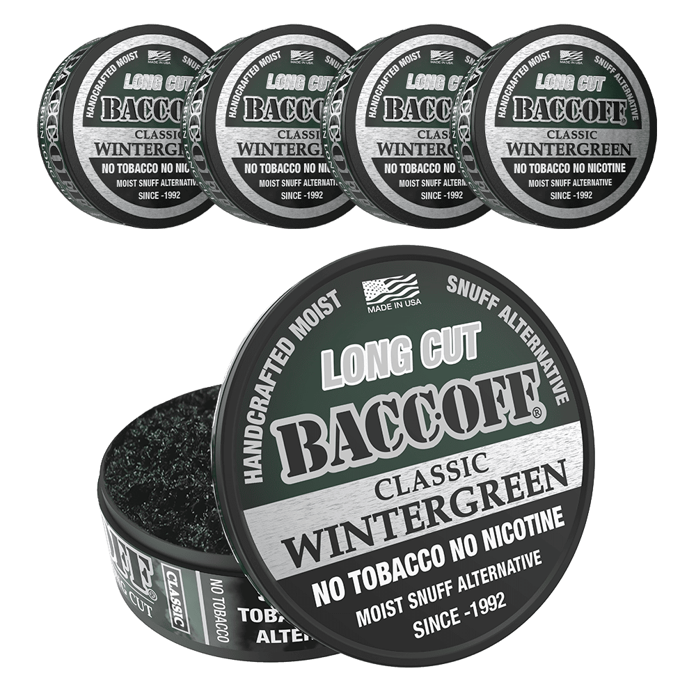 Multiple tins of Baccoff Classic Wintergreen snuff 