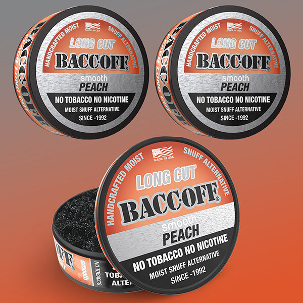 Three containers of Baccoff Long Cut moist snuff 