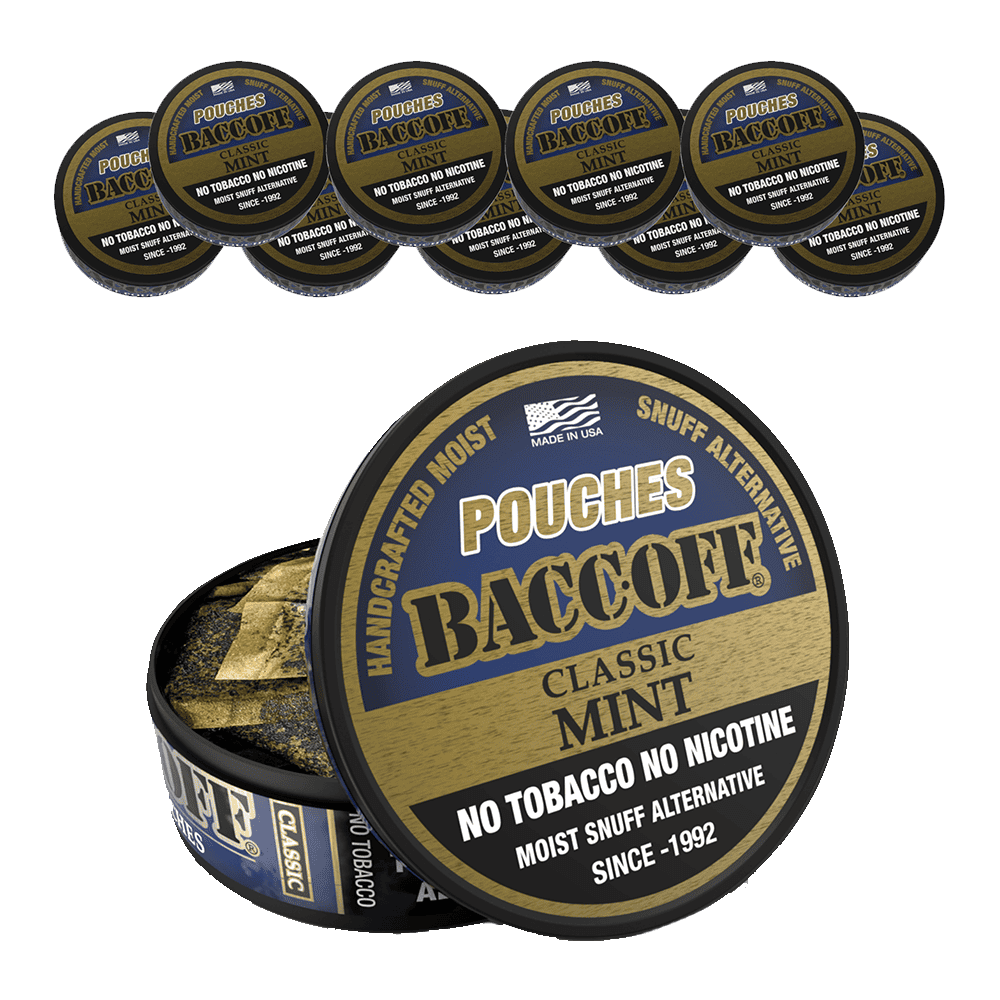 Baccoff Pouches Classic Mint snuff alternative packaging with multiple tins displayed.