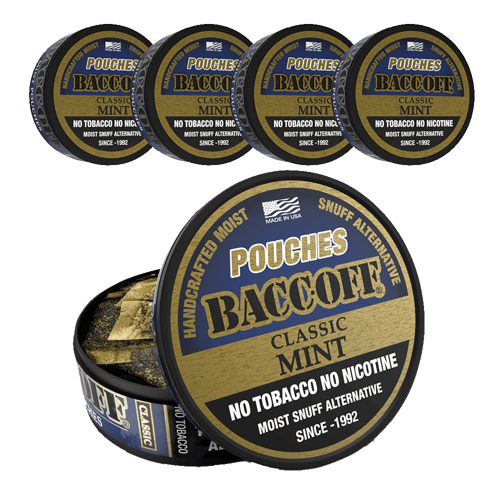 Multiple tins of Bacciof Classic Mint snuff alternative 
