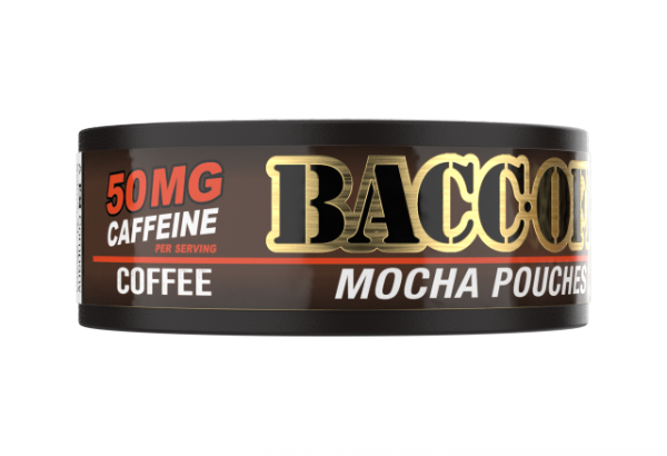 BaccOff Coffee Mocha Pouches tin side label, 50mg caffeine per serving, no tobacco no nicotine