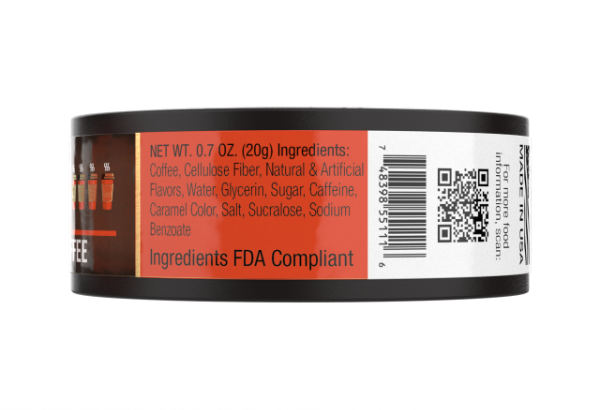 BaccOff Coffee Mocha Pouches tin side label showing ingredients and net weight 0.63 oz (18g), FDA compliant, no tobacco no nicotine