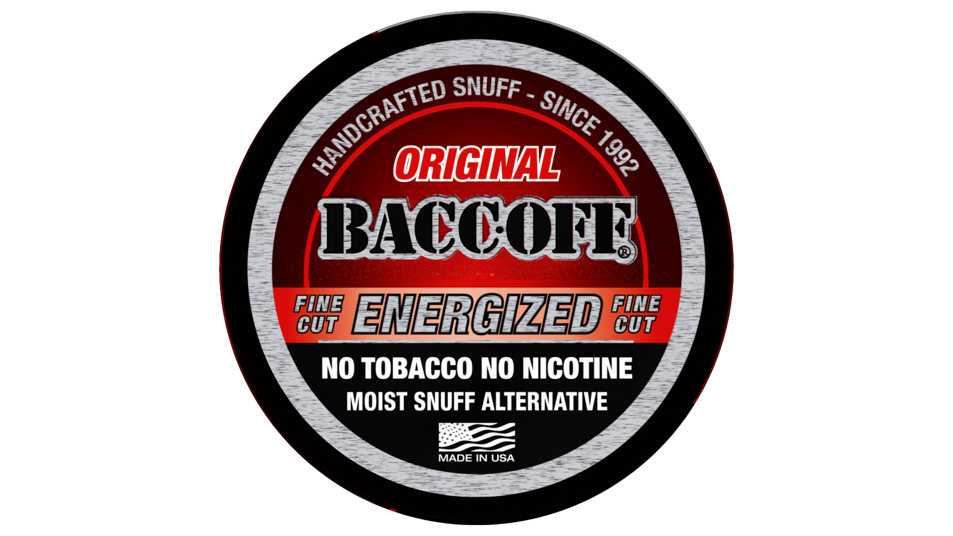 BaccOff Energized Fine Cut Original tin top view, no tobacco no nicotine moist snuff alternative, made in USA