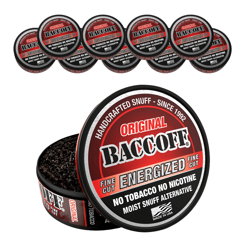 BaccOff Energized Fine Cut Original moist snuff alternative, no tobacco no nicotine, 10-pack tins
