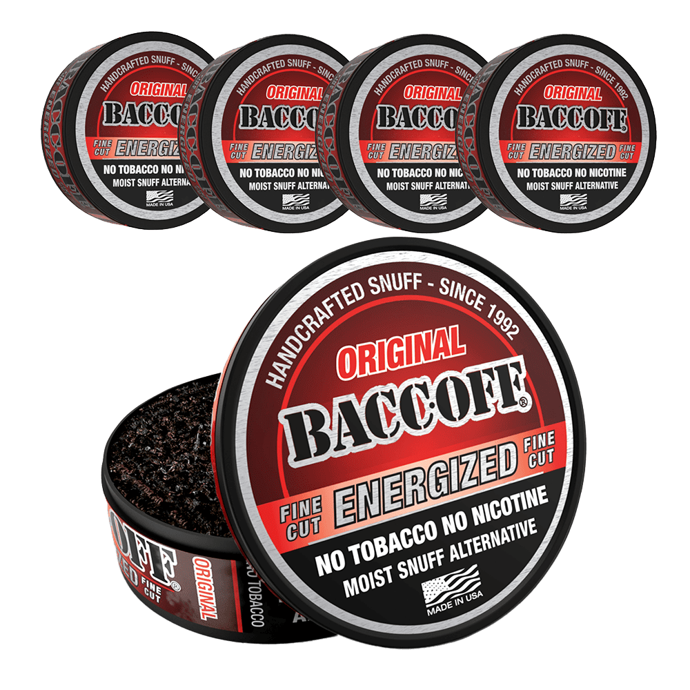 BaccOff Energized Fine Cut Original moist snuff alternative, no tobacco no nicotine, 5-pack tins