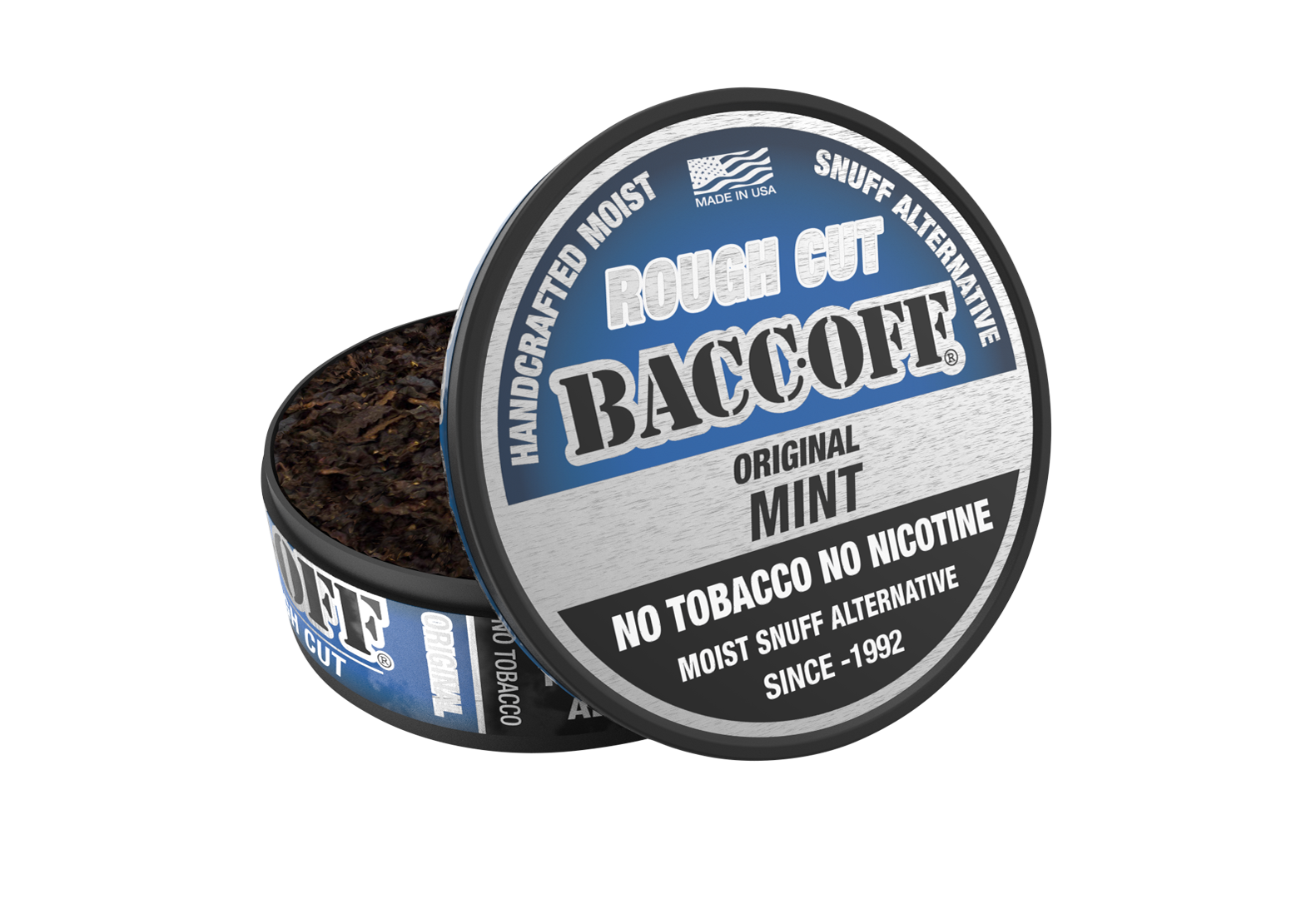 BaccOff Rough Cut Original Mint moist snuff alternative, no tobacco no nicotine, open tin
