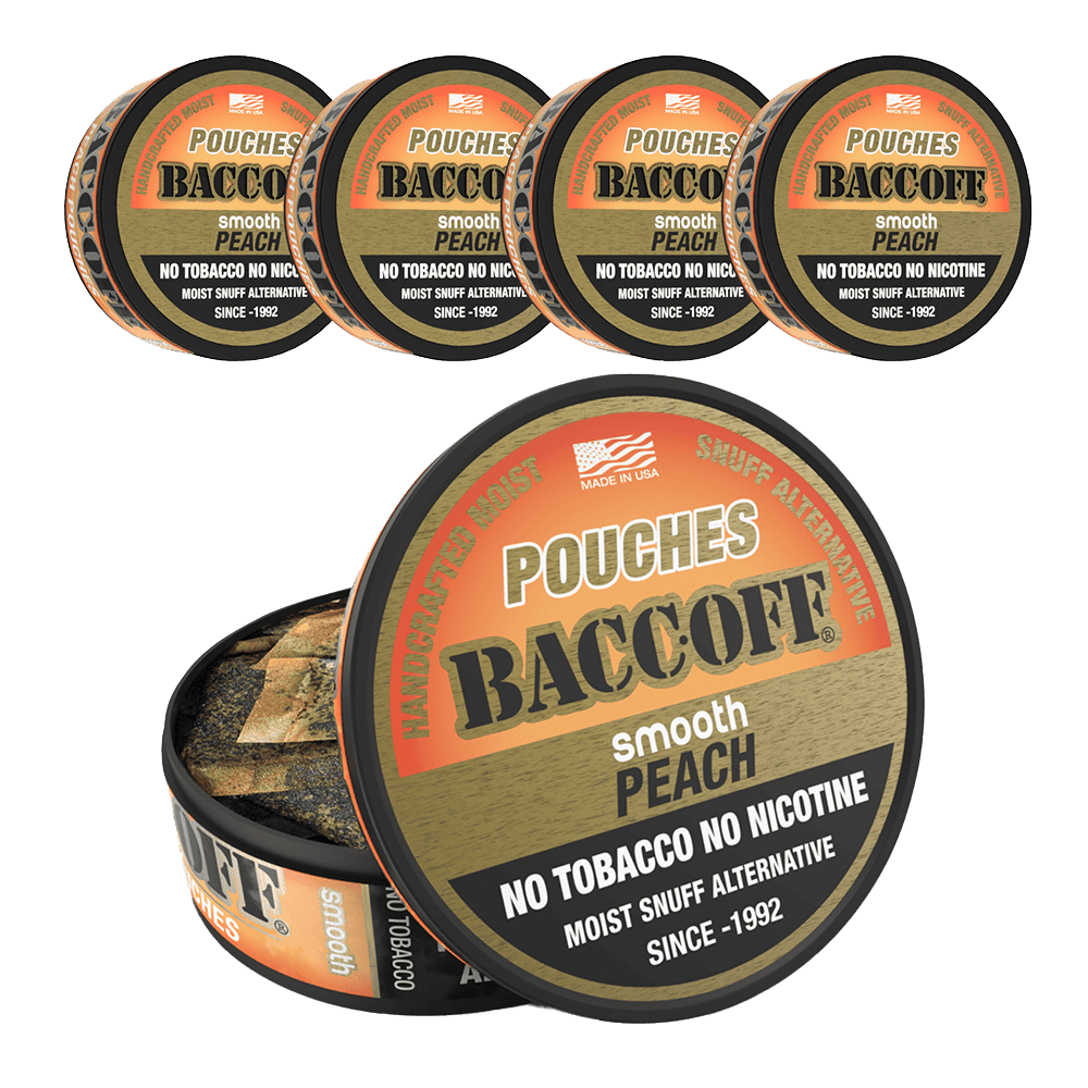 Multiple tins of Baccoff pouches with peach flavor 