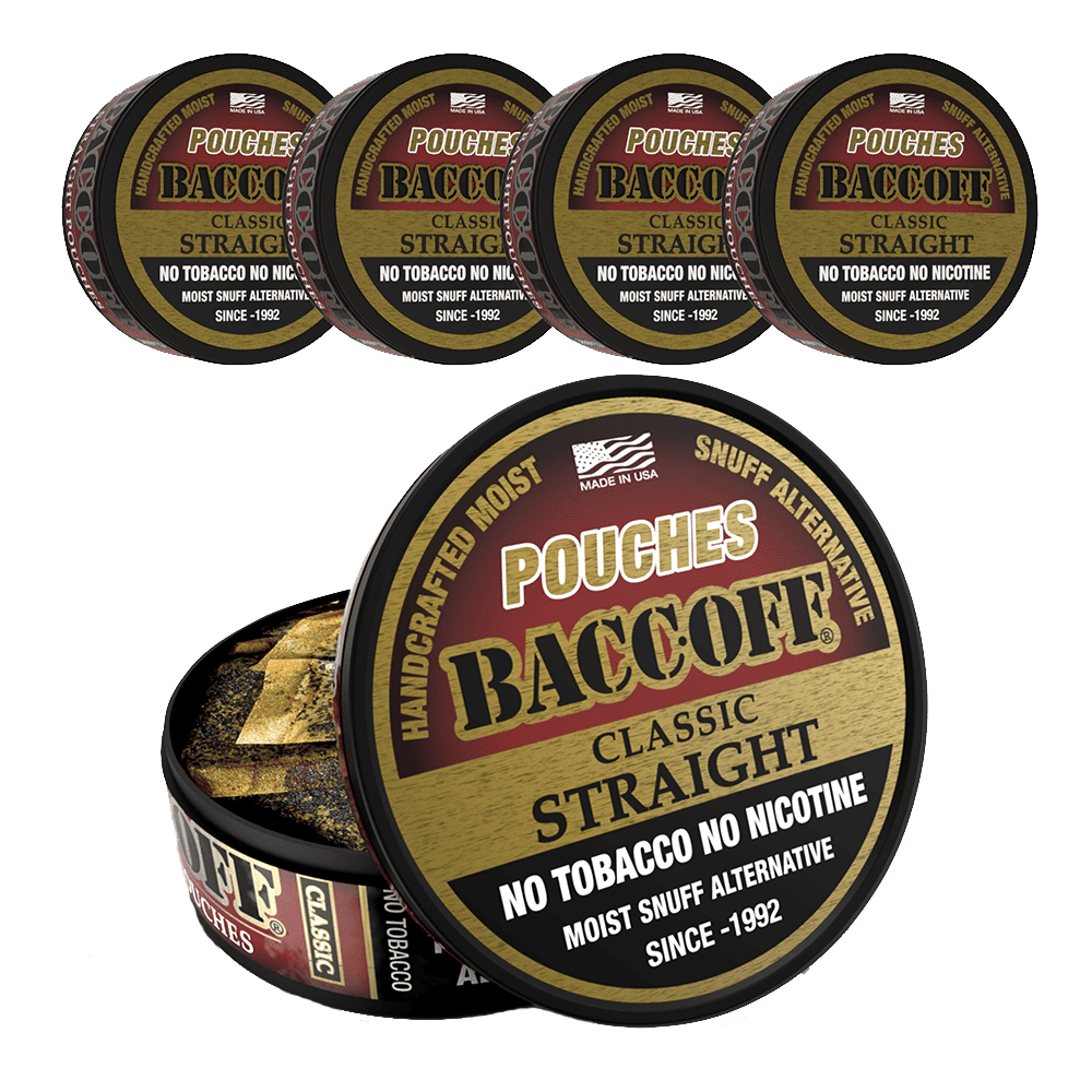 BaccOff Pouches Classic Straight moist snuff alternative, no tobacco no nicotine, 5-pack tins