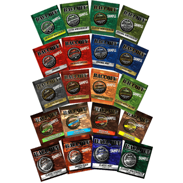 BaccOff sample pack assortment showing all flavors and varieties, no tobacco no nicotine moist snuff alternative