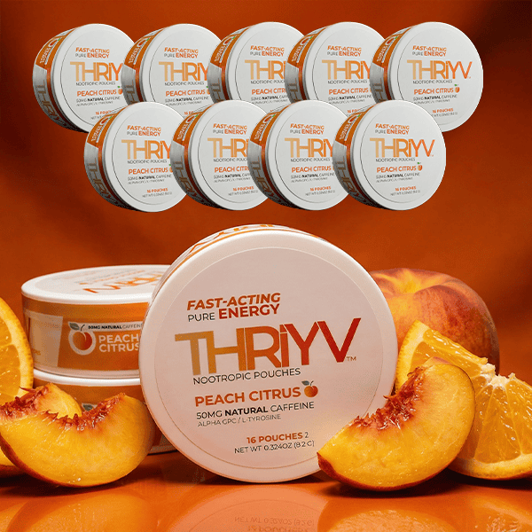 THRYV nootropic pouches with peach slices on an orange background