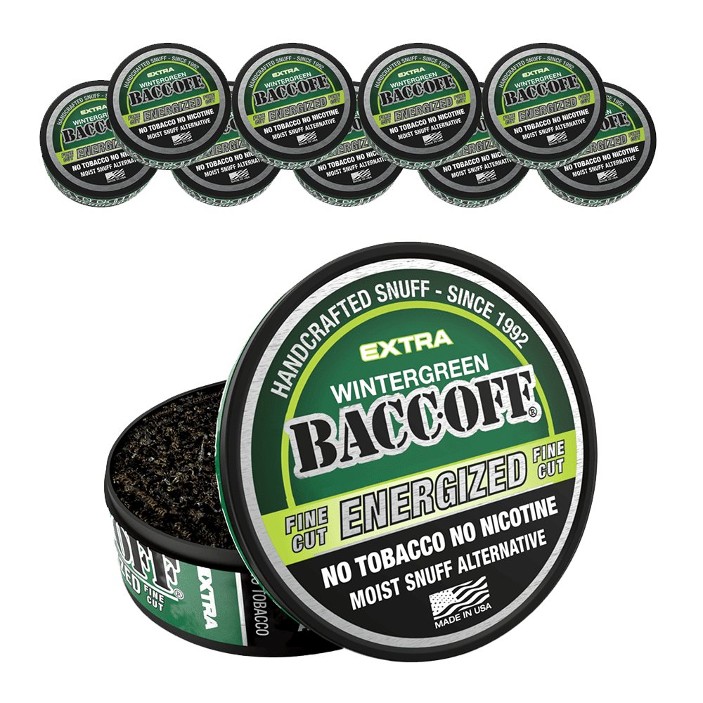 Baccoff extra wintergreen energized fine cut  container with green and black design 