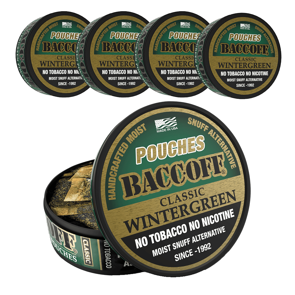 Multiple tins of Baccoff Classic Wintergreen snuff alternative 