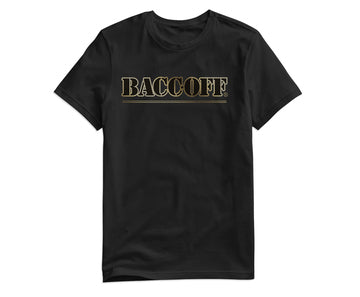 BaccOff black t-shirt with gold embroidered logo, front view