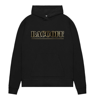 BaccOff black pullover hoodie with gold embroidered logo, front view