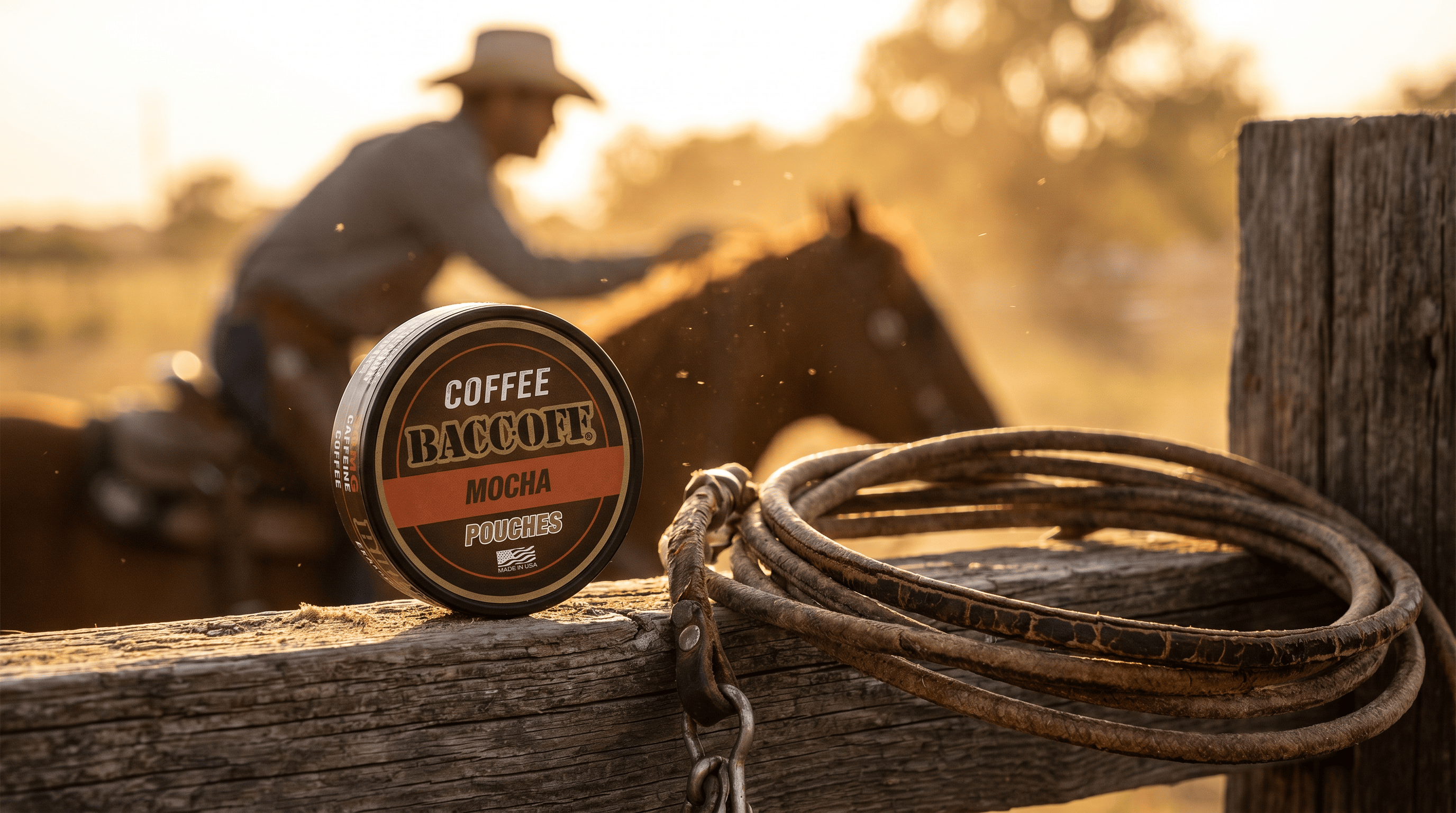 Coffee Baccoff Mocha container on a wooden fence with a cowboy and horse in the background.